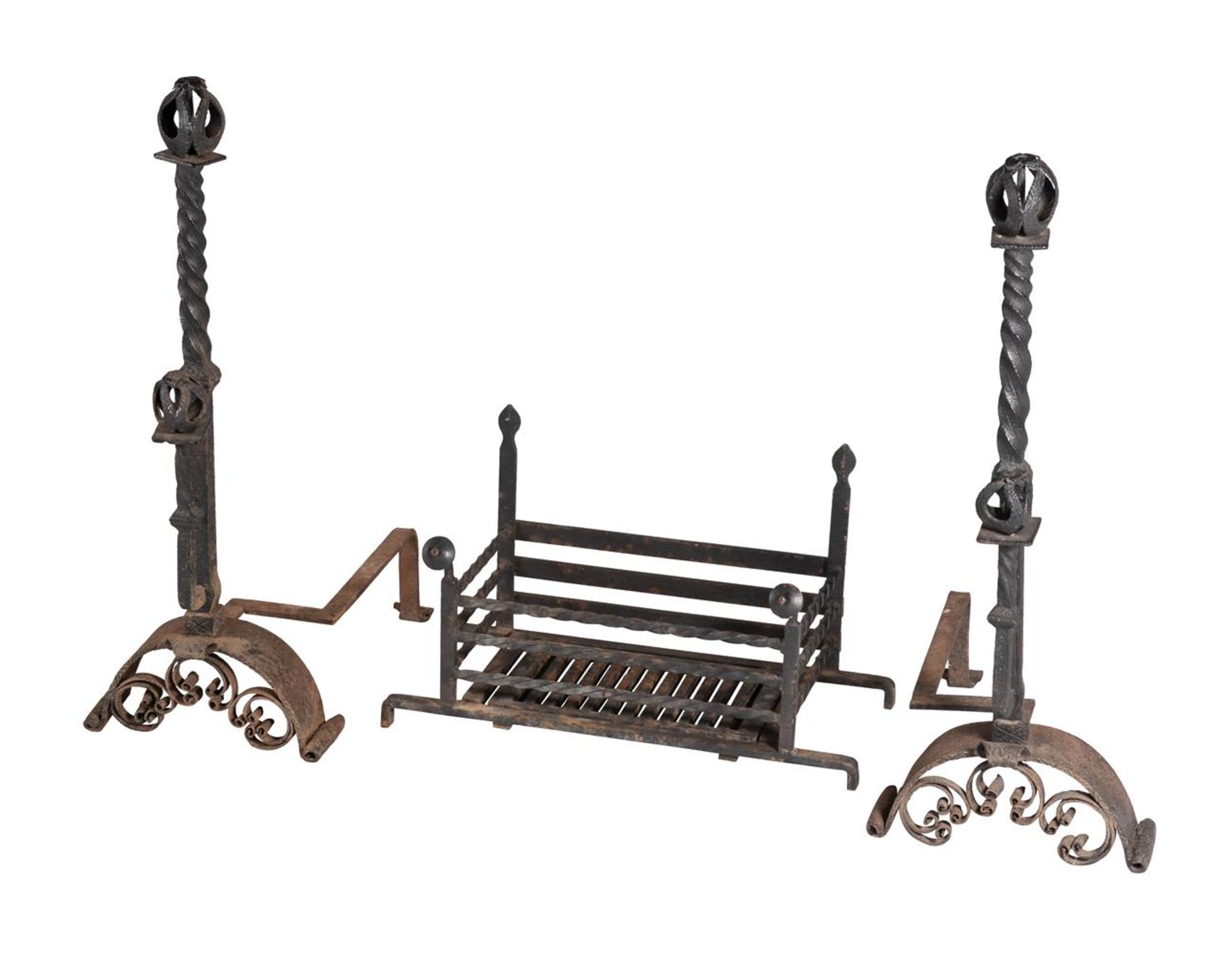 A PAIR OF WROUGHT IRON ANDIRONS IN ARTS AND CRAFTS STYLE - Image 2 of 2