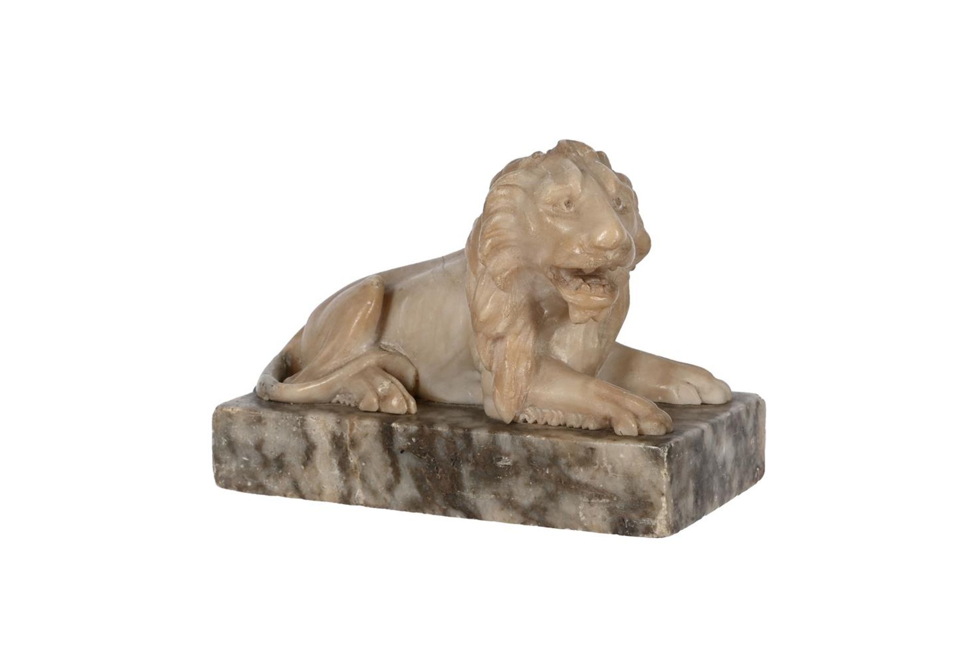 A CARVED ALABASTER MODEL OF A RECUMBENT LION - Image 2 of 2