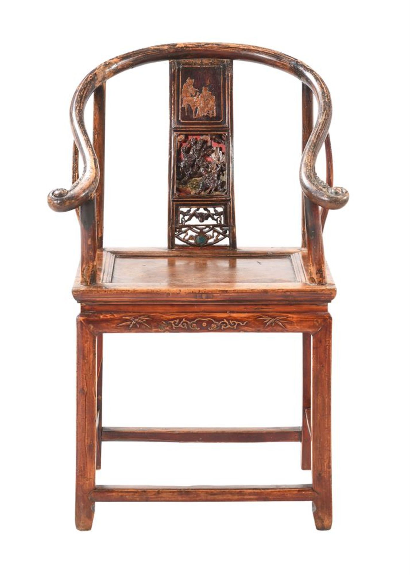 A CHINESE ELM AND PARCEL LACQUERED AND GILT ARMCHAIR
