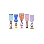 FIVE ROBERT DANE 'TUTTI FRUTTI' COLOURED GLASS GOBLETS, MODERN