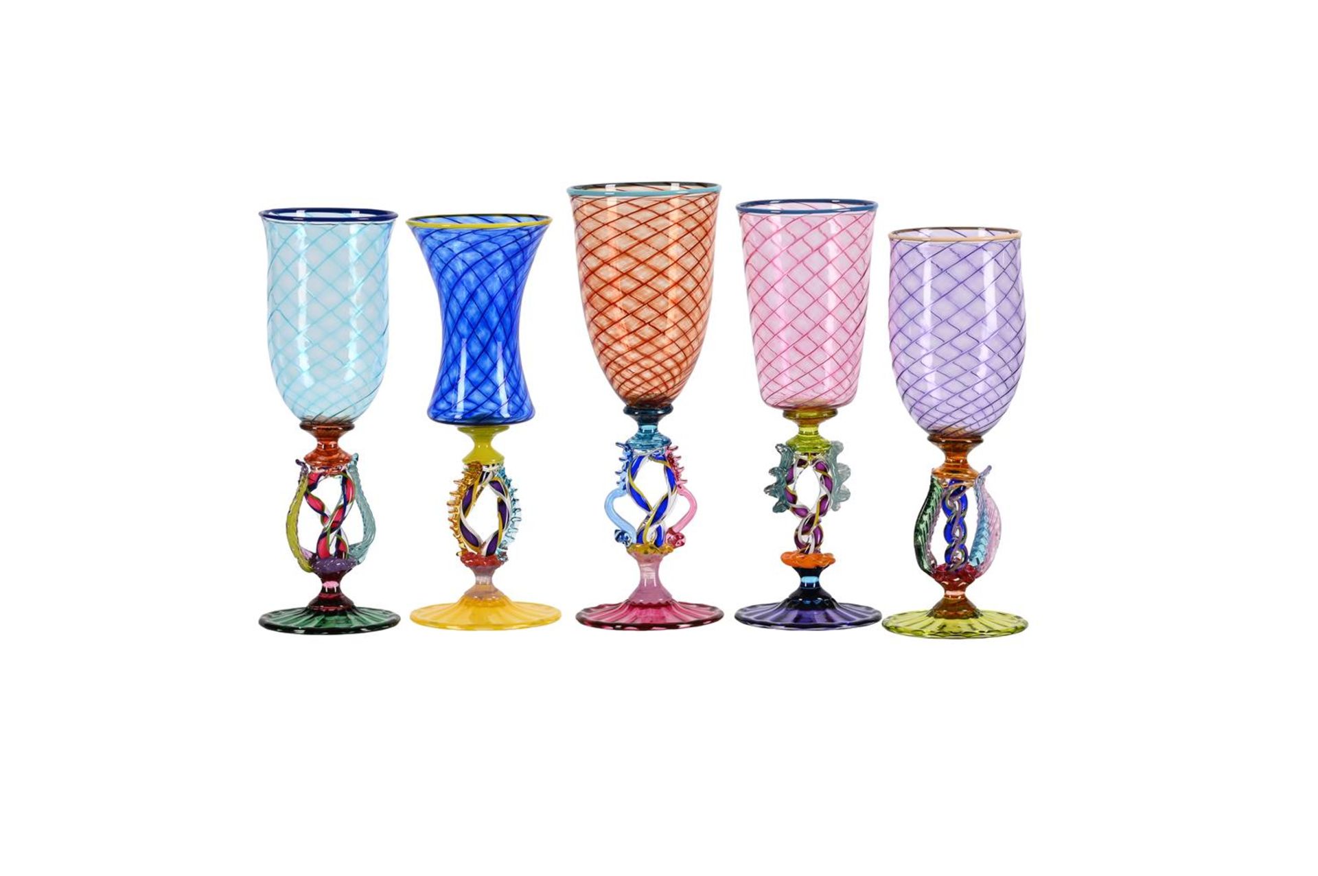 FIVE ROBERT DANE 'TUTTI FRUTTI' COLOURED GLASS GOBLETS, MODERN