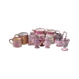 AN ASSORTMENT OF STAFFORDSHIRE PEARLWARE PINK LUSTRE VARIOUS DATES FIRST HALF 19TH CENTURYIncludin