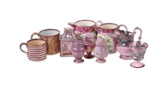 AN ASSORTMENT OF STAFFORDSHIRE PEARLWARE PINK LUSTRE VARIOUS DATES FIRST HALF 19TH CENTURYIncludin