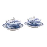 A PAIR OF WORCESTER BLUE AND WHITE PRINTED 'FENCE' PATTERN BUTTER DISHES