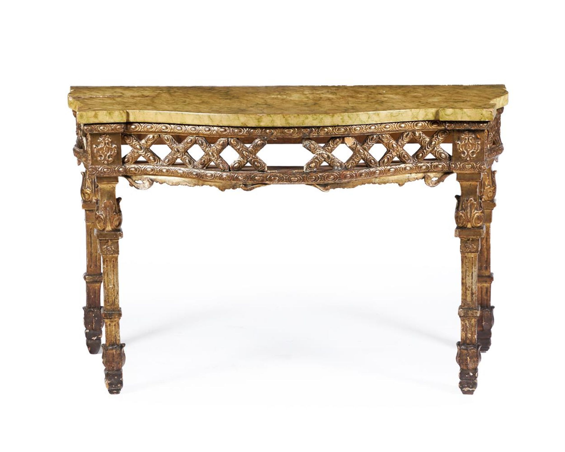 A CARVED GILTWOOD CONSOLE TABLE IN LOUIS XVI STYLE