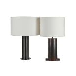 TWO CYLINDRICAL PATINATED METAL TABLE LAMPS