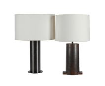TWO CYLINDRICAL PATINATED METAL TABLE LAMPS
