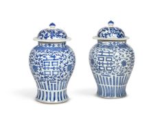 A PAIR OF BLUE AND WHITE BALUSTER 'MARRIAGE' VASES AND COVERS 20TH CENTURY