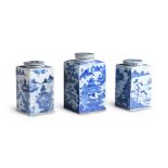 THREE CHINESE EXPORT BLUE AND WHITE SQUARE TEA CADDIES EARLY 19TH CENTURY