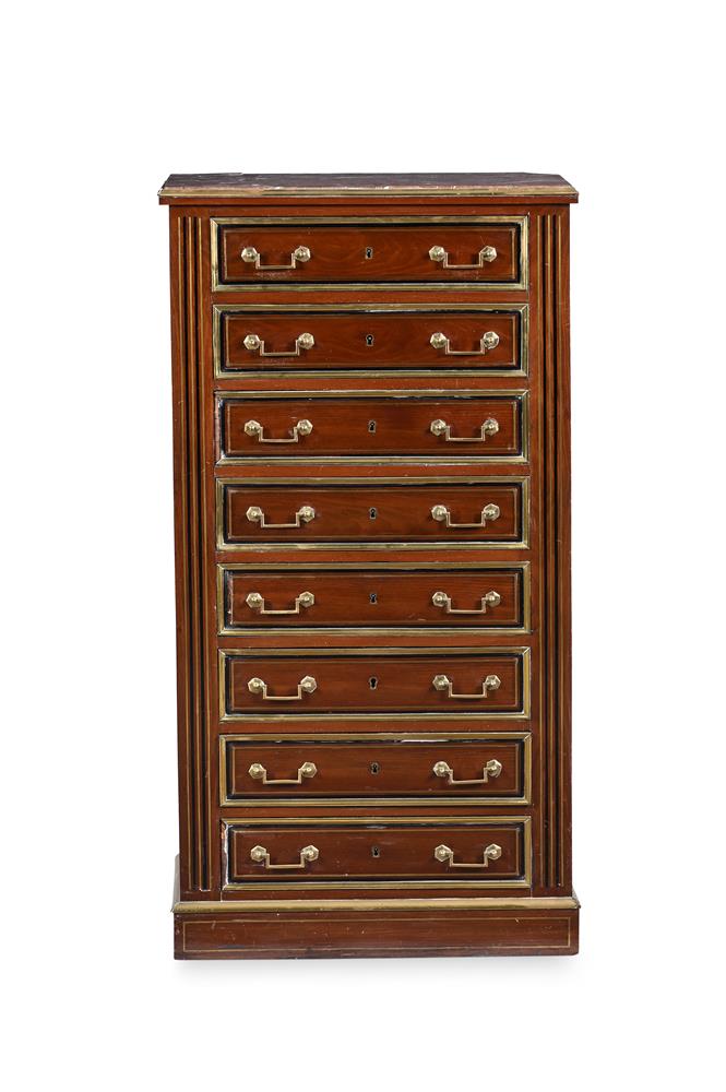 A MAHOGANY , BRASS MOUNTED AND MARBLE TOPPED CHEST OF DRAWERS
