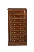 A MAHOGANY , BRASS MOUNTED AND MARBLE TOPPED CHEST OF DRAWERS