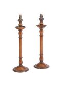 A PAIR OF TURNED AND STAINED WOOD COLUMNAR TABLE LAMP BASES, 20TH CENTURY