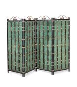 AN EBONISED AND BAMBOO FOUR FOLD SCREEN BACKED WITH GREEN FABRIC, FIRST HALF 20TH CENTURY