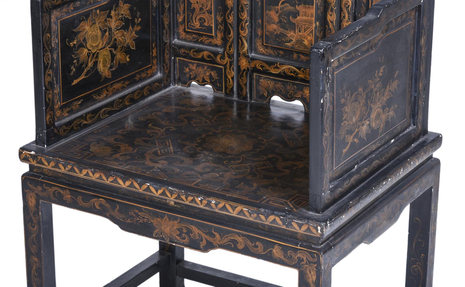 A PAIR OF CHINESE BLACK AND GILT ARMCHAIRS, 20TH CENTURY - Image 3 of 3