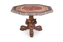 A WALNUT AND MARBLE TOPPED CENTRE TABLE, 19TH CENTURY AND LATER