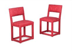 A PAIR OF RED DAMASK UPHOLSTERED SIDE CHAIRS, BY ANOUSKA HEMPEL