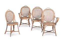 A SET OF THREE WICKER AND CANED ARMCHAIRS AND A MATCHING SIDE CHAIR 20TH CENTURY
