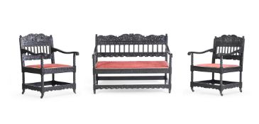 A SUITE OF ANGLO INDIAN EBONISED SEAT FURNITURE LATE 19TH/ EARLY 20TH CENTURY