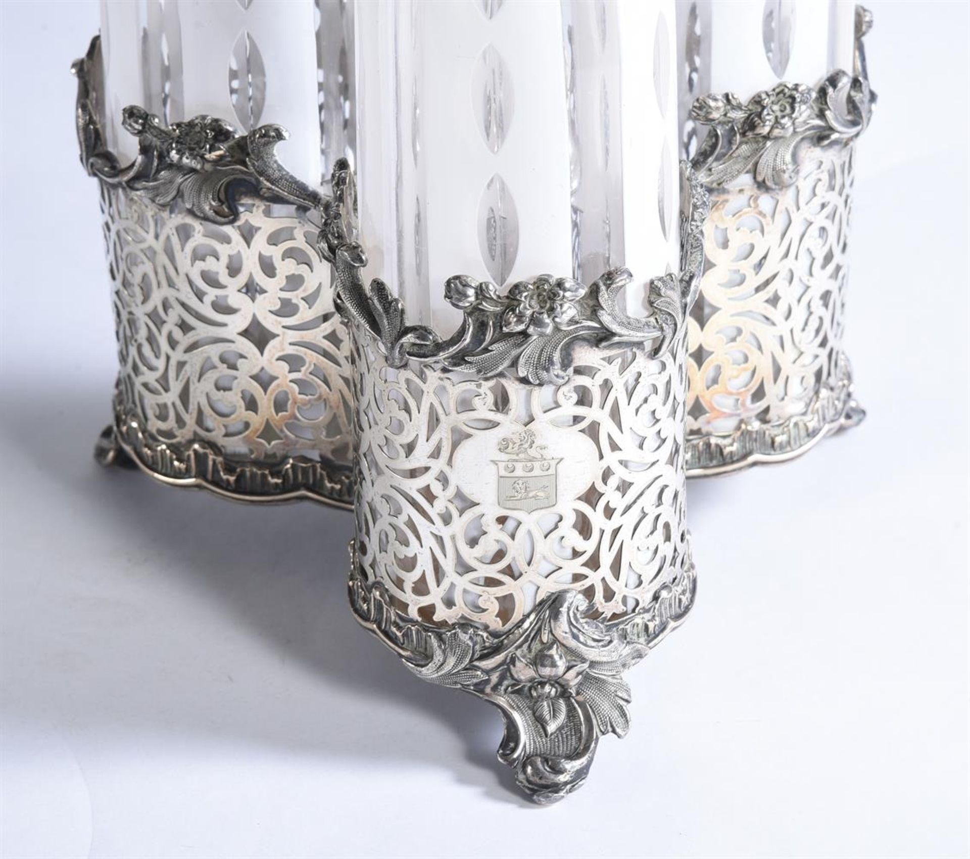 AN ENGLISH CLEAR AND OPAQUE WHITE OVERLAY GLASS DECANTER SET OF THREE BOTTLES AND STOPPERS - Image 2 of 3