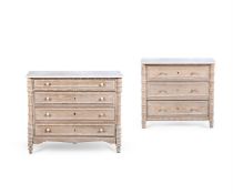 TWO FRENCH LIMED PINE, MARBLE TOPPED CHEST OF DRAWERS