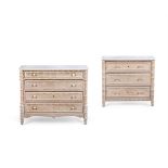 TWO FRENCH LIMED PINE, MARBLE TOPPED CHEST OF DRAWERS