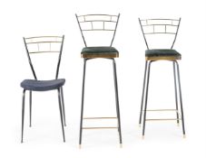 A PAIR OF TUBULAR BLACK METAL AND BRASS BAR STOOLS AND A SIDE CHAIR BY ANOUSKA HEMPEL