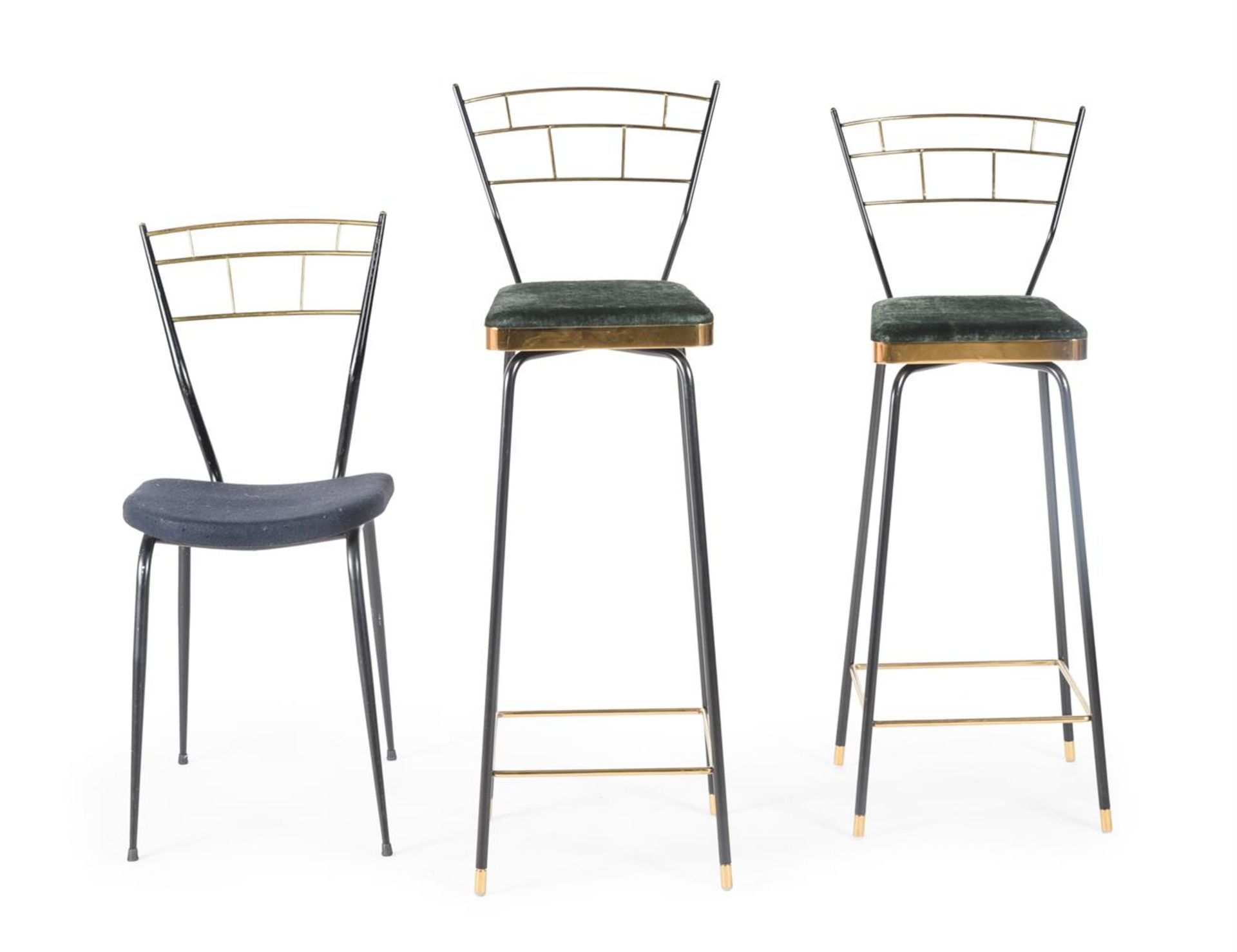 A PAIR OF TUBULAR BLACK METAL AND BRASS BAR STOOLS AND A SIDE CHAIR BY ANOUSKA HEMPEL