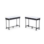 A PAIR OF BLACK PAINTED METAL AND MARBLE TOPPED SIDE TABLES, BY ANOUSKA HEMPEL