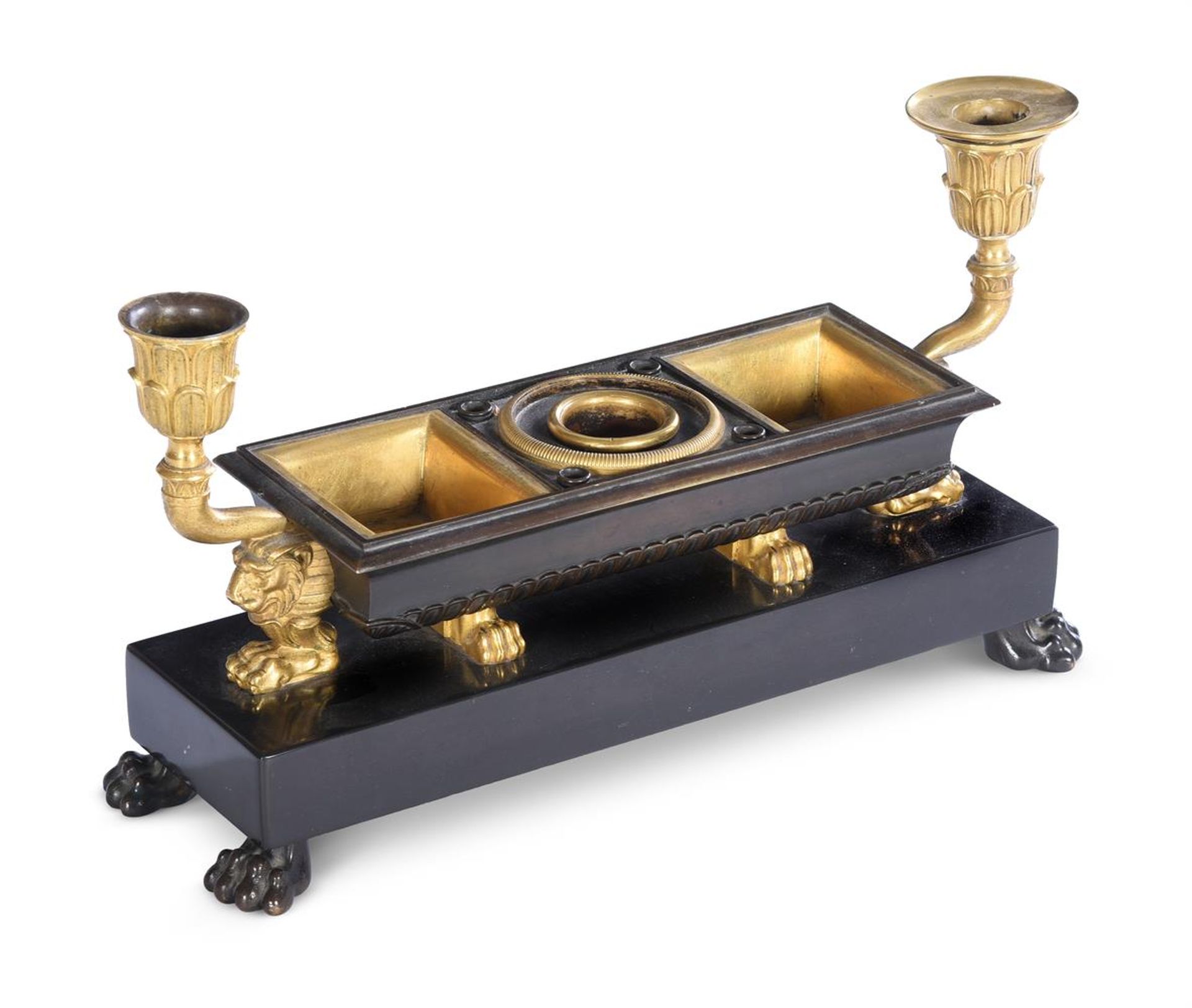 A FRENCH BRONZE, ORMOLU AND SLATE ENCRIER