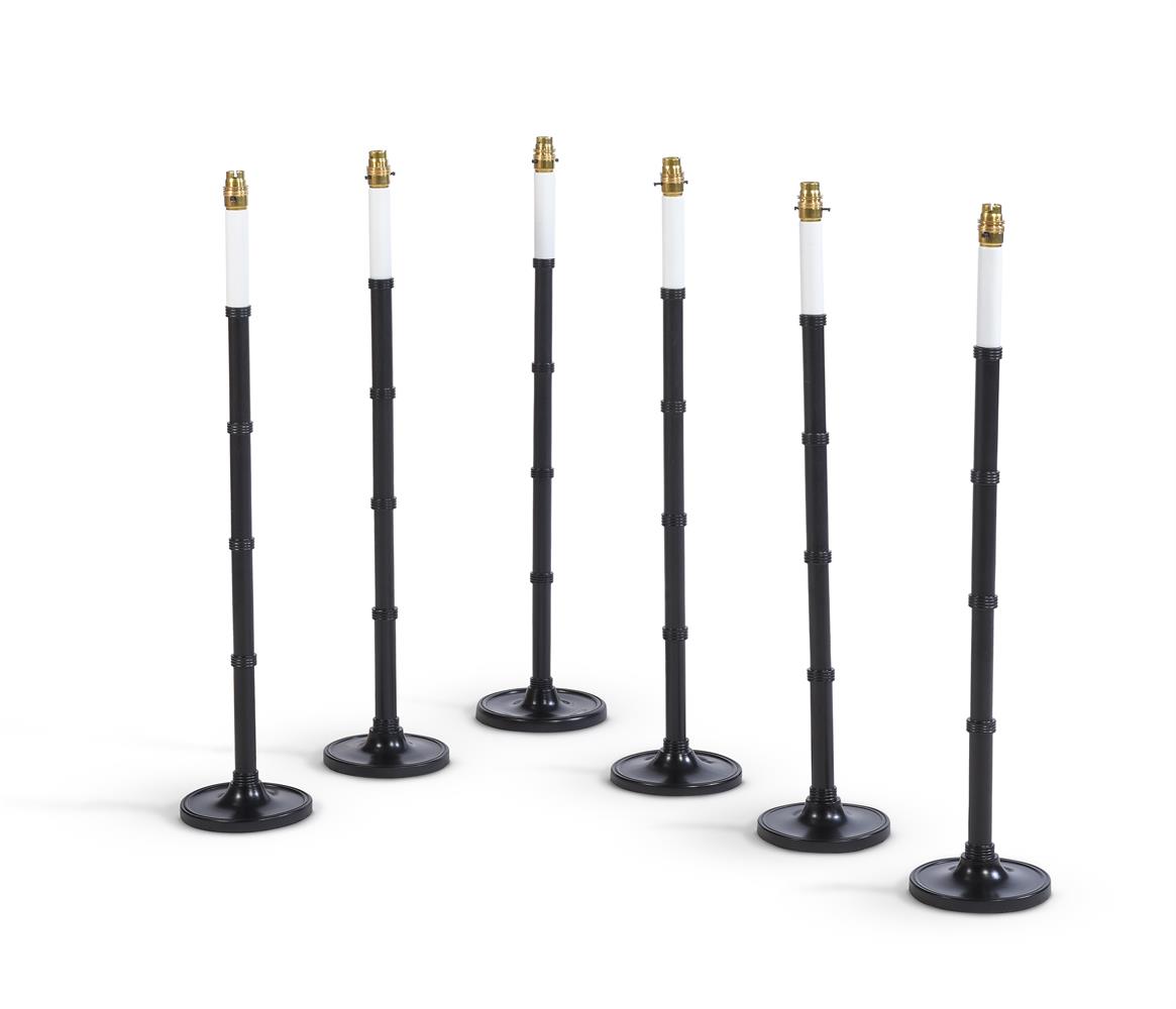 A SET OF SIX TURNED AND EBONISED WOOD 'YARD STICK' TABLE LAMPSBY ANOUSKA HEMPELWith ring turned co