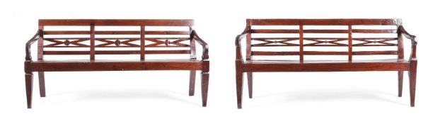 TWO SIMILAR STAINED HARDWOOD BENCHES BY ANOUSKA HEMPEL