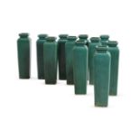 A GROUP OF ELEVEN CHINESE-STYLE GREEN GLAZED SQUARE-SECTION VASES, LATE 20TH CENTURY