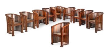 A GROUP OF ELEVEN TEAK AND CANNED TUB SHAPED CHAIRS, 20TH CENTURY