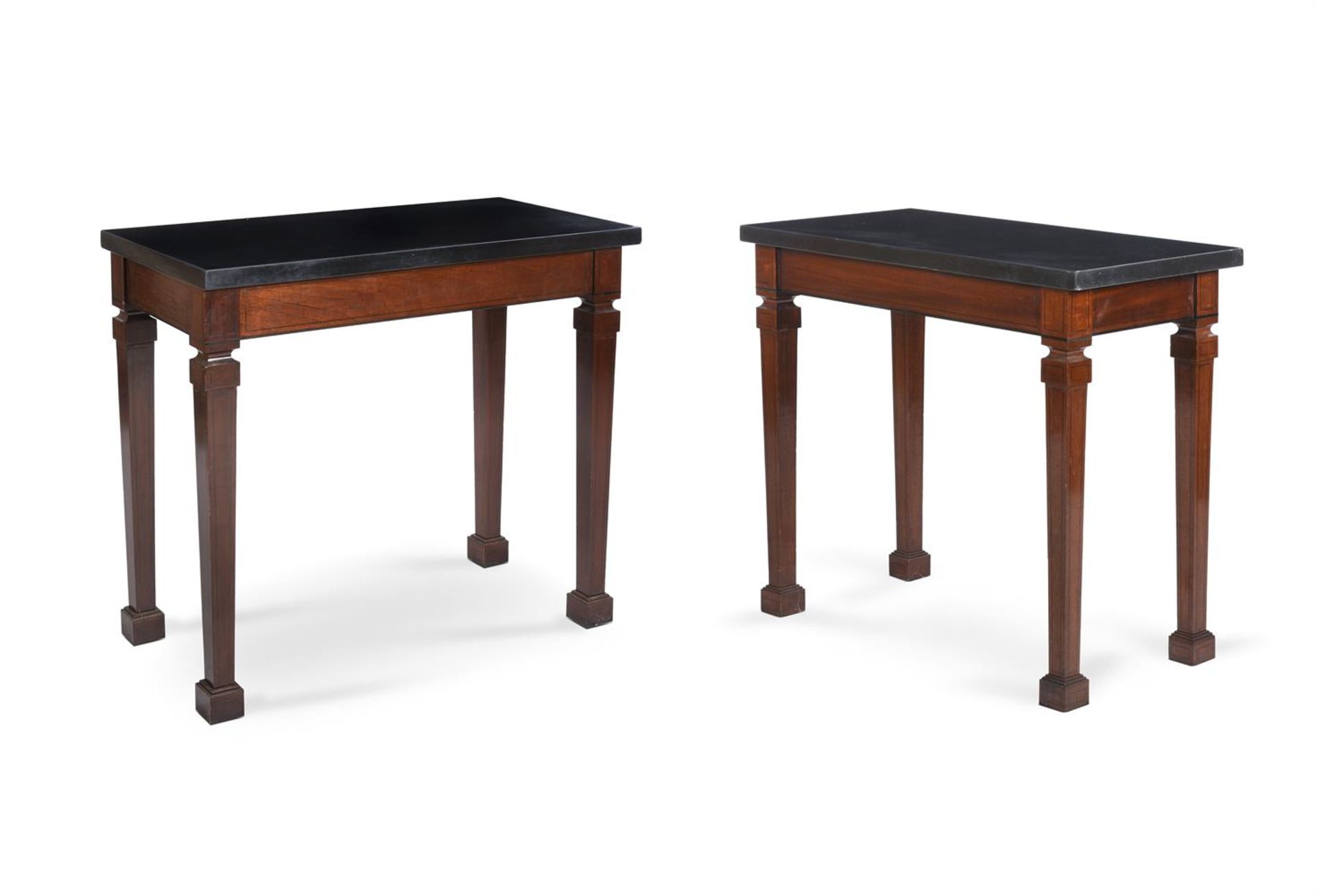 A PAIR OF MAHOGANY AND SLATE TOPPED CONSOLE TABLES BY ANOUSKA HEMPEL