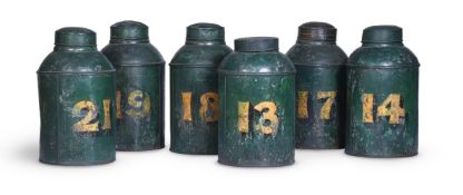 A MATCHED SET OF SIX GREEN AND GILT TOLE WARE TEA CANNISTER, LATE 19TH CENTURY