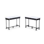 A PAIR OF BLACK PAINTED METAL AND MARBLE TOPPED SIDE TABLES BY ANOUSKA HEMPEL