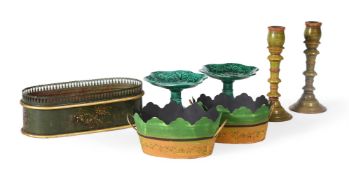 A PAIR OF WEDGWOOD GREEN GLAZE MAJOLICA COMPORTS FROM A DESSERT SERVICE LATE NINETEENTH CENTURY