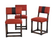 A PAIR OF HARDWOOD AND RED BAIZE UPHOLSTERED SIDE CHAIRSBY ANOUSKA HEMPEL90cm high