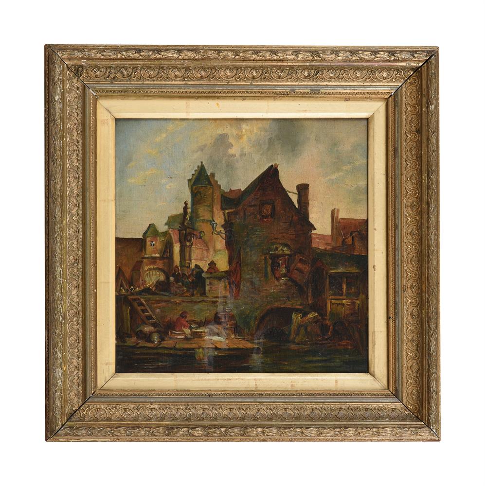 FLEMISH SCHOOL (19TH/20TH CENTURY), VILLAGE SCENE WITH FIGURES IN A TOWN SQUARE