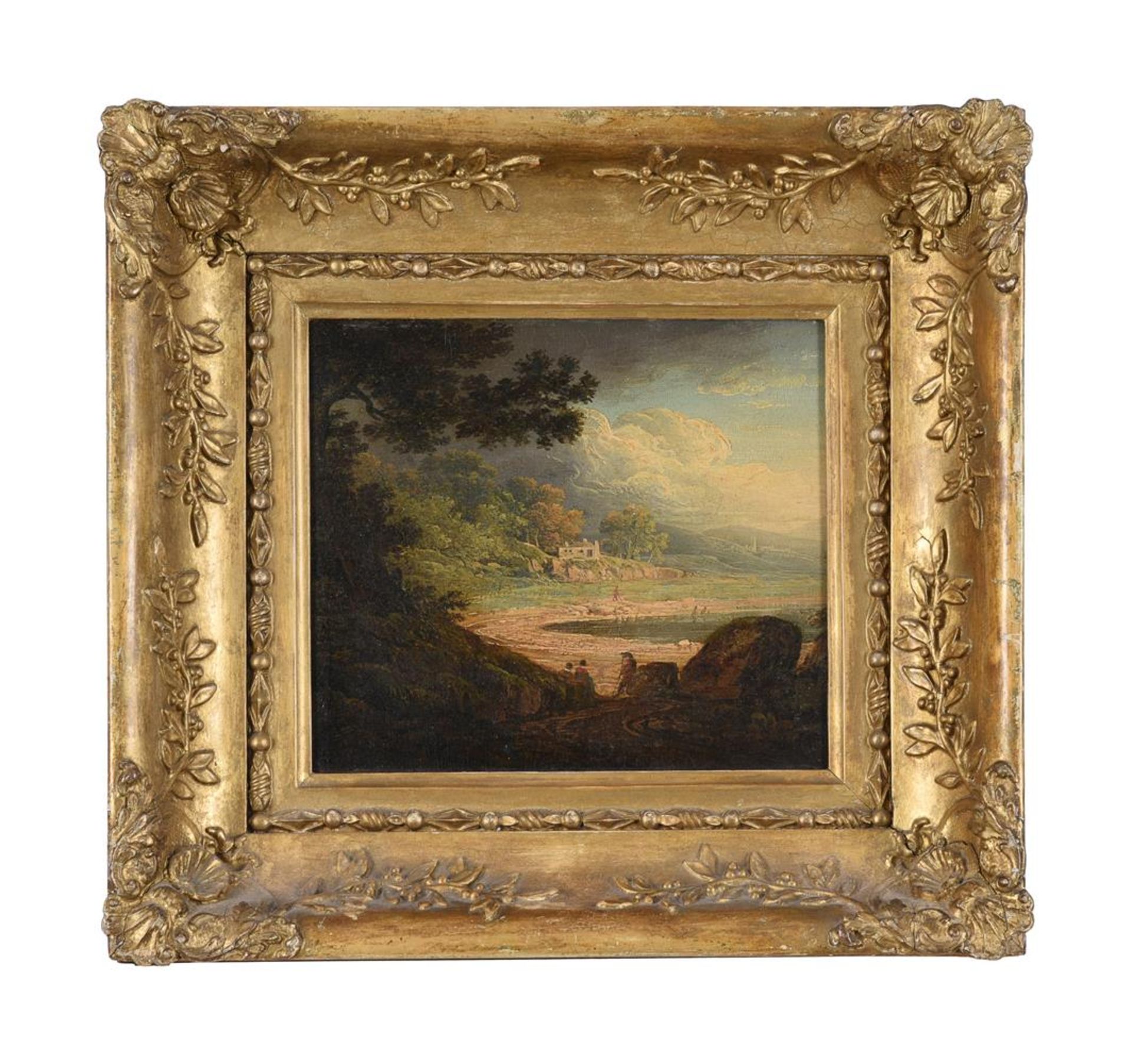 ENGLISH SCHOOL (19TH CENTURY), A WOODED LANDSCAPE WITH FIGURES BY A LAKE