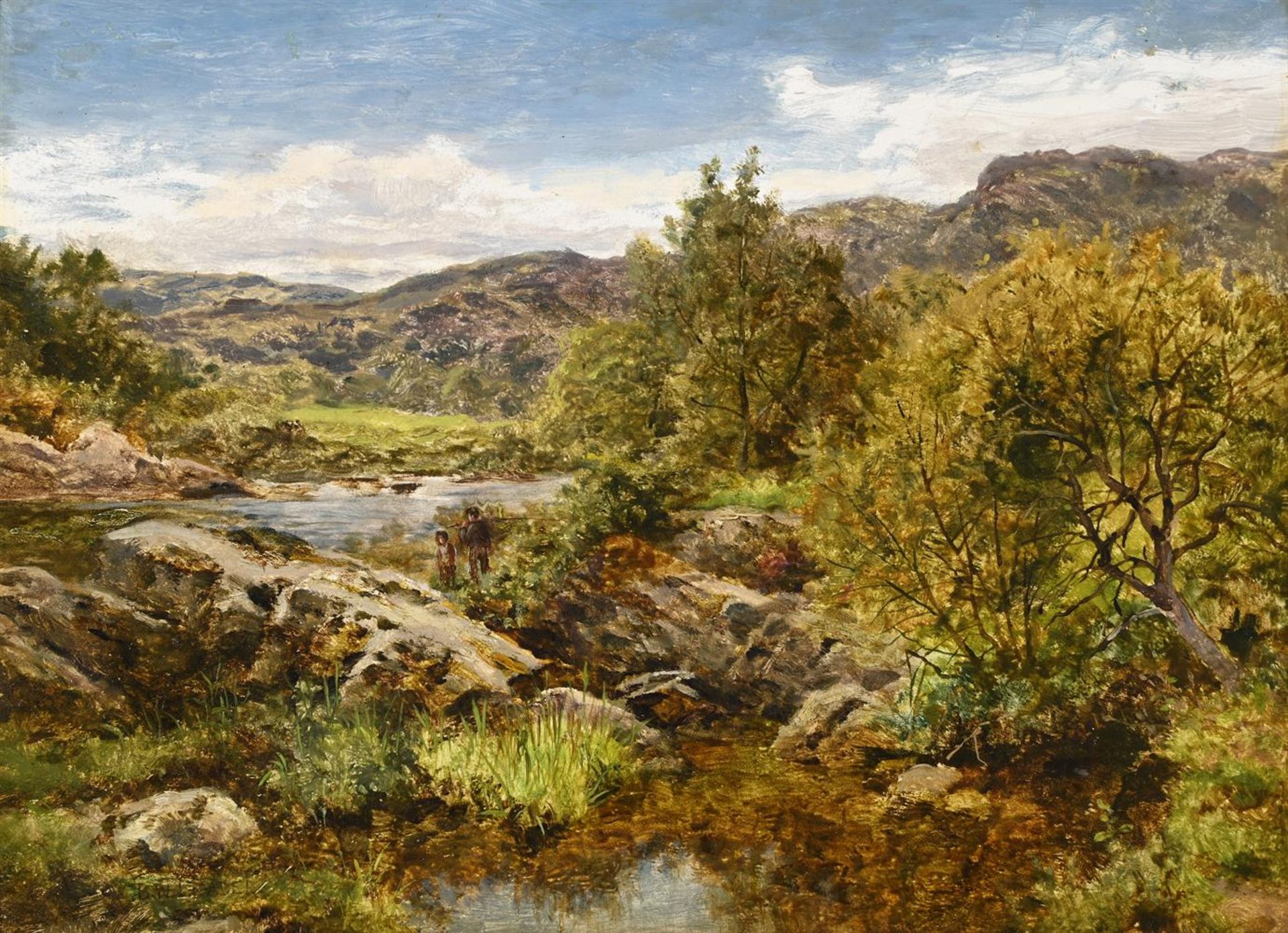 ATTRIBUTED TO BENJAMIN WILLIAMS LEADER (1831-1923), WELSH LANDSCAPE WITH A FISHING PARTY BY A STREAM - Image 2 of 3