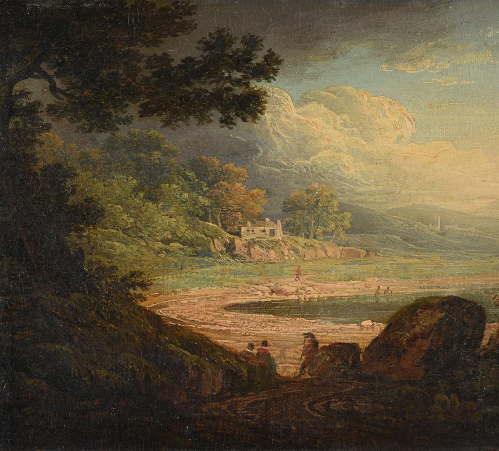 ENGLISH SCHOOL (19TH CENTURY), A WOODED LANDSCAPE WITH FIGURES BY A LAKE - Image 2 of 2