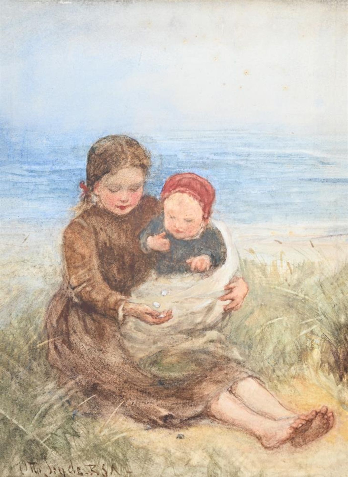 OTTO THEODORE LEYDE (SCOTTISH 1835-1897), SIBLINGS ON THE BEACH - Image 2 of 3