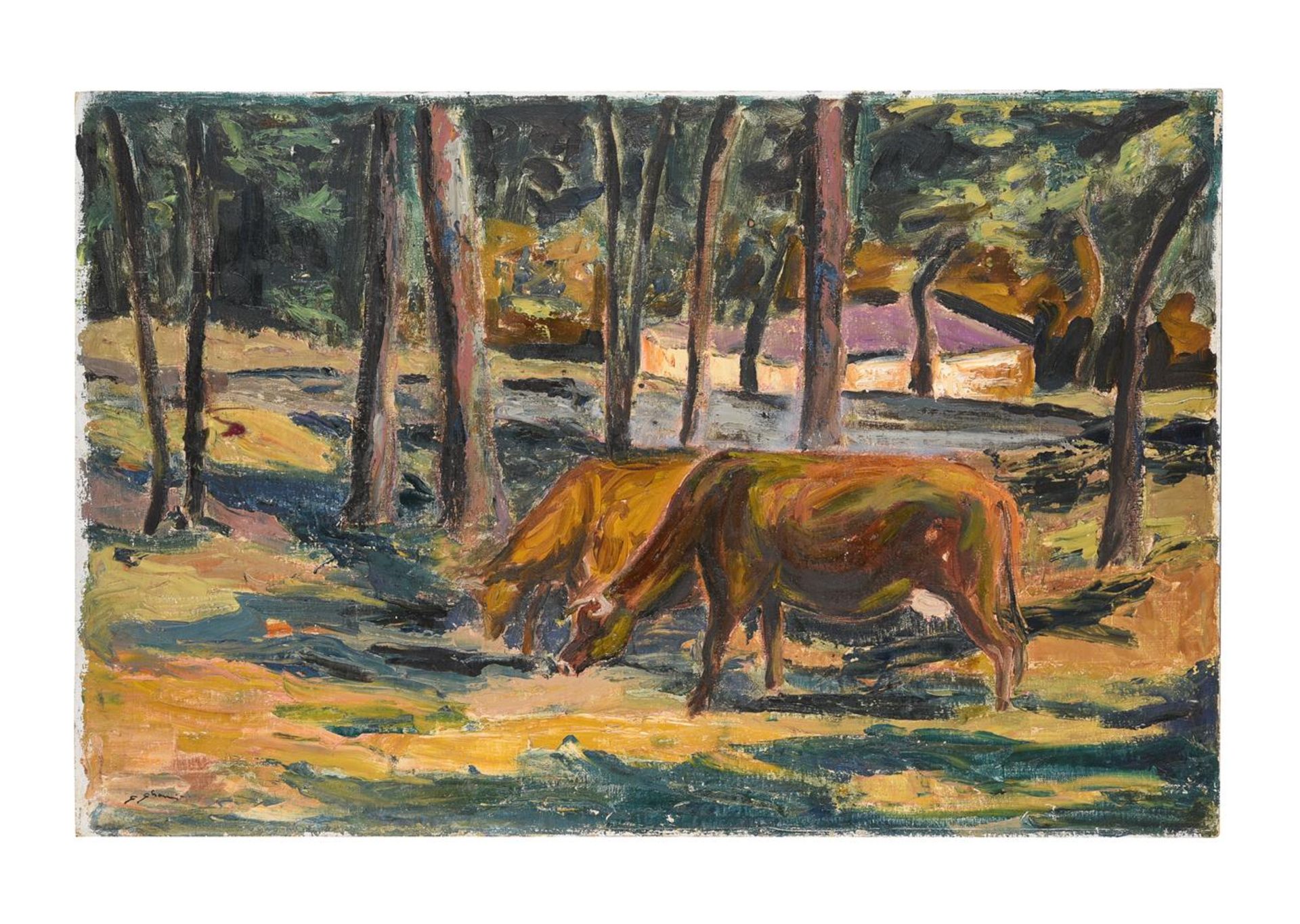 STELLA SHAWZIN (SOUTH AFRICAN 1920-2020), CATTLE GRAZING IN THE WOODLAND