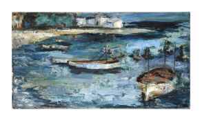 STELLA SHAWZIN (SOUTH AFRICAN 1920-2020), BOATS DOCKED BY THE SHORE