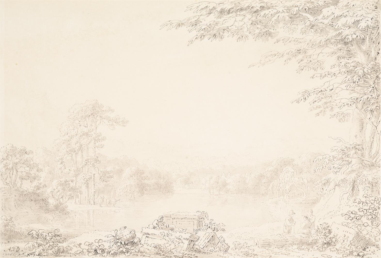 ANTHONY DEVIS (BRITISH 1729-1817), FIGURES RESTING BY A LAKE; TRAVELLERS ON A ROAD BY A RIVER (2) - Image 2 of 5