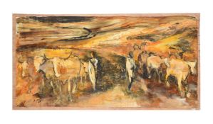 STELLA SHAWZIN (SOUTH AFRICAN 1920-2020), FARMERS WITH OX IN A LANDSCAPE