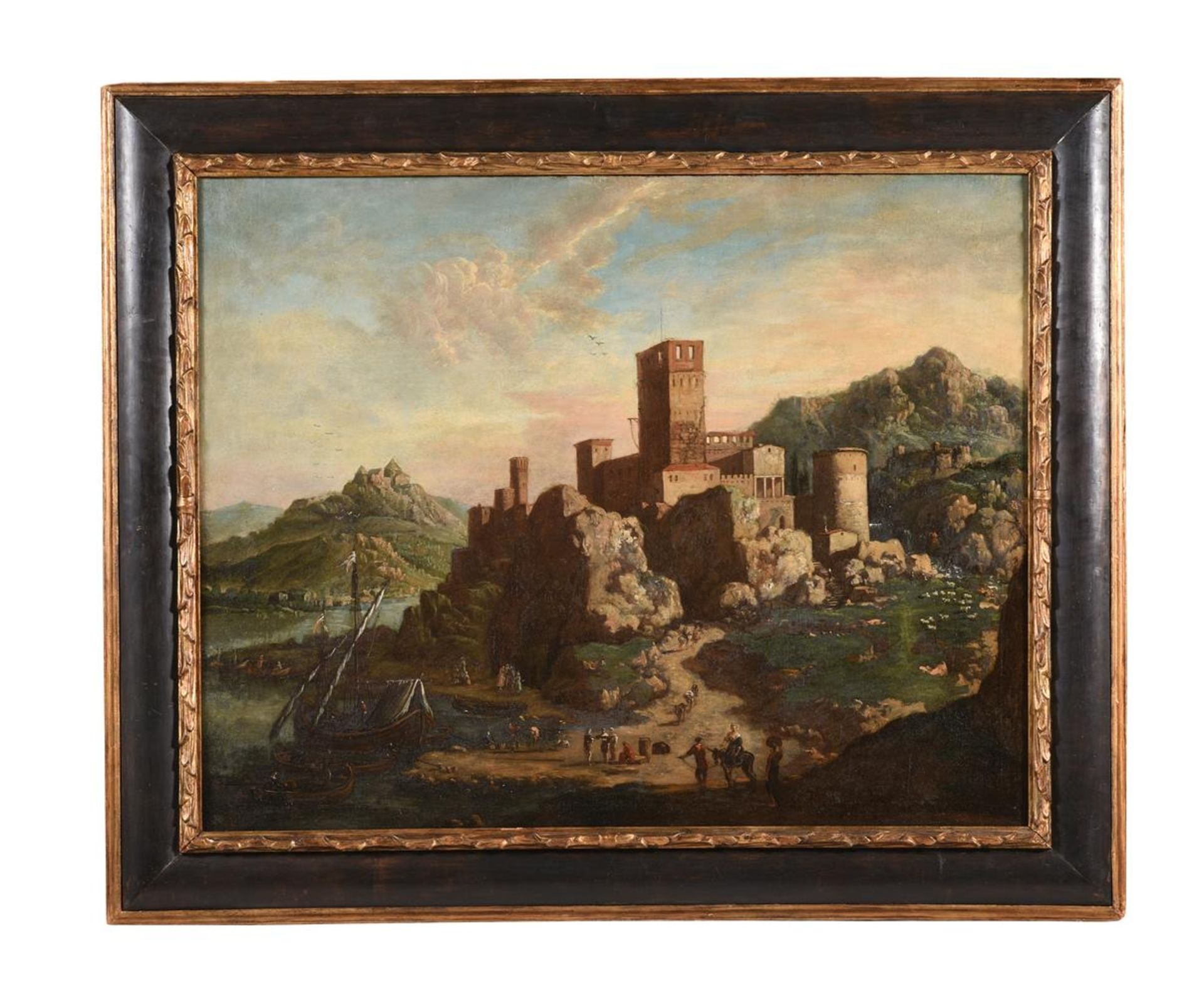 FOLLOWER OF PAUL BRILL (17TH CENTURY), AN ITALIANATE COASTAL INLET WITH A FORTIFIED HILLTOP TOWN