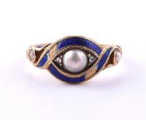 A MID VICTORIAN BLUE ENAMELLED HALF PEARL AND ROSE CUT DIAMOND SET RING, CIRCA 1870