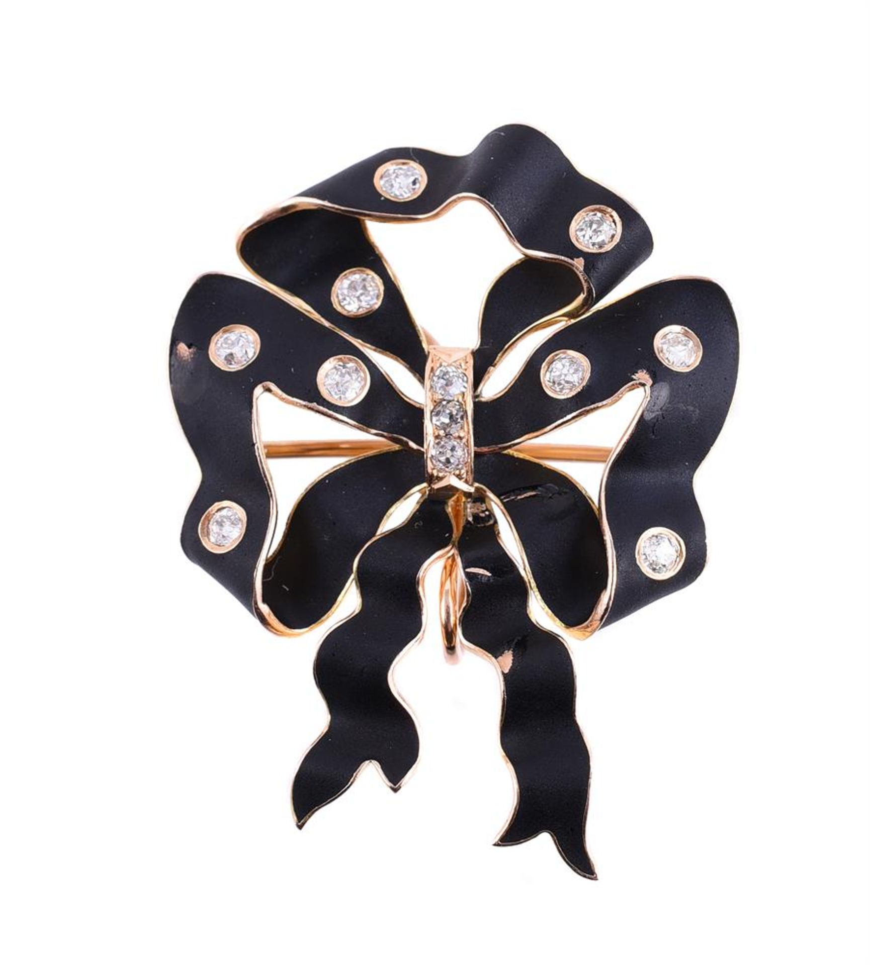 A DIAMOND AND BLACK ENAMEL BOW BROOCH